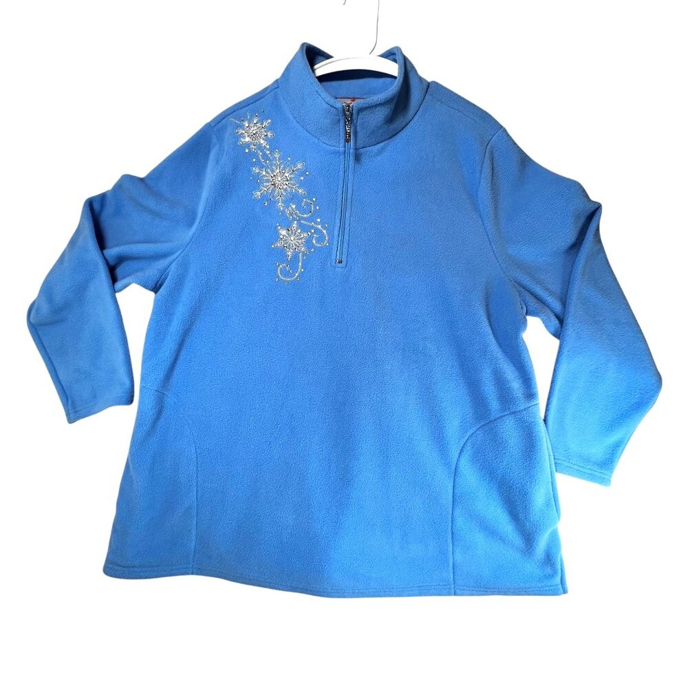 Quacker Factory XL Blue Fleece Pullover Rhinestone Snowflake Design Quarter Zip